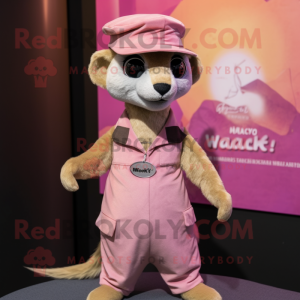 Pink Meerkat mascot costume character dressed with a Tank Top and Hats