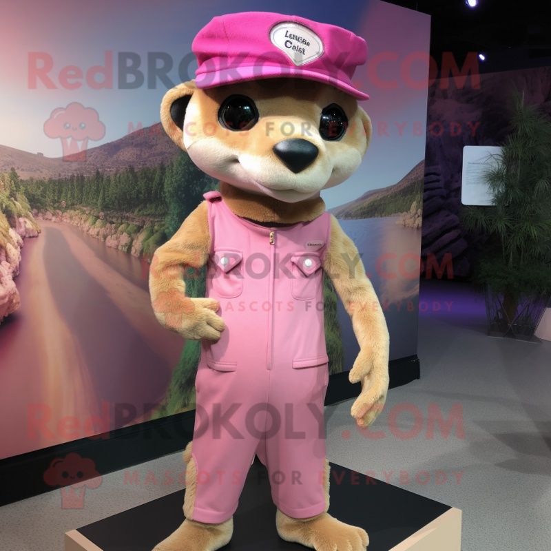 Pink Meerkat mascot costume character dressed with a Tank Top and Hats