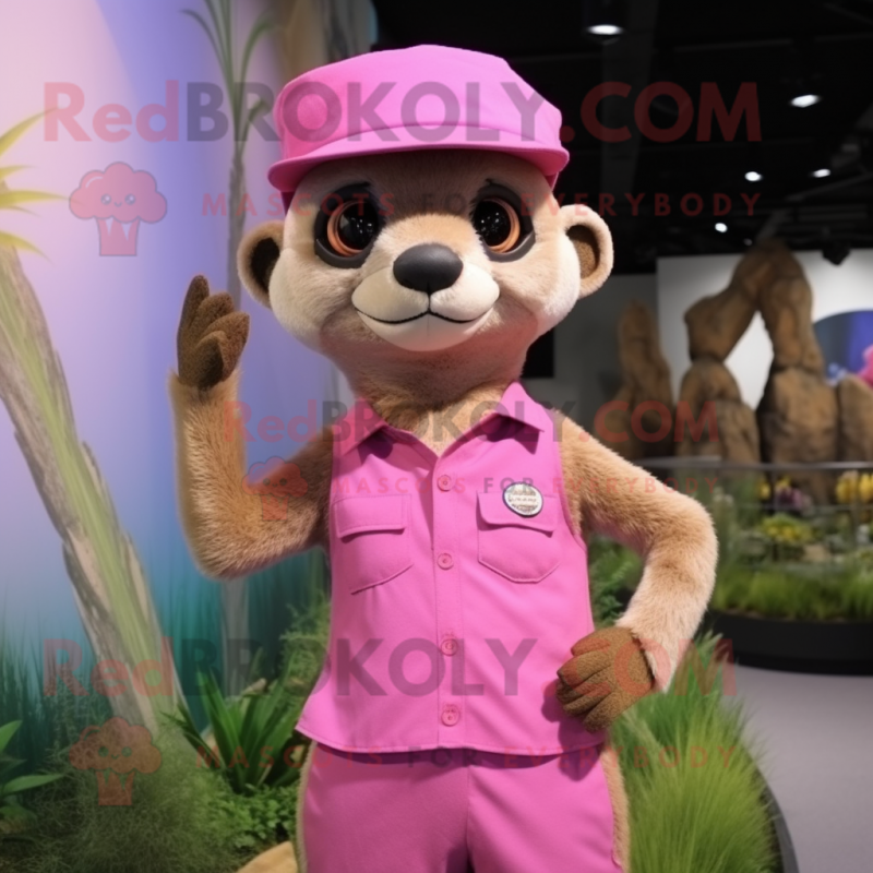 Pink Meerkat mascot costume character dressed with a Tank Top and Hats