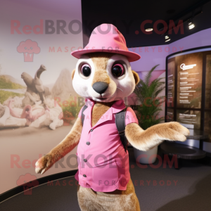 Pink Meerkat mascot costume character dressed with a Tank Top and Hats