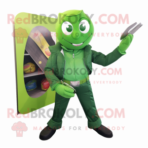 Green Knife Thrower mascot costume character dressed with a Jacket and Wallets