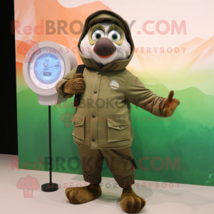 Olive Salmon mascot costume character dressed with a Parka and Digital watches