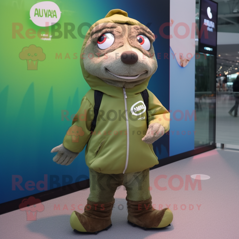 Olive Salmon mascot costume character dressed with a Parka and Digital watches