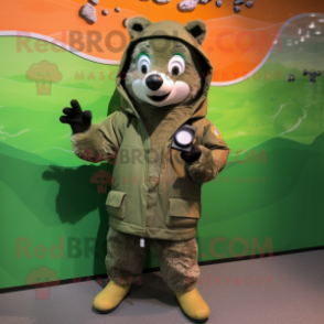 Olive Salmon mascot costume character dressed with a Parka and Digital watches