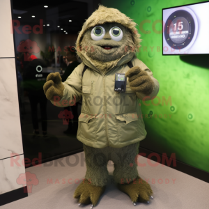 Olive Salmon mascot costume character dressed with a Parka and Digital watches