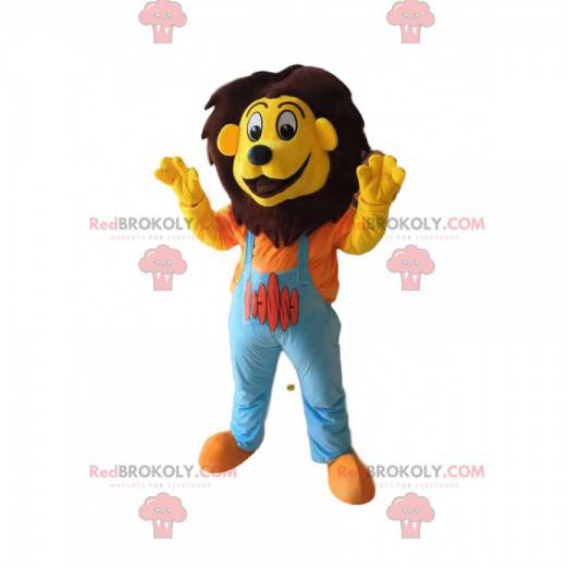 Grappige leeuw mascotte met blauwe overall - Redbrokoly.com