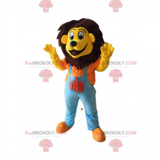 Lustiges Löwenmaskottchen mit blauen Overalls - Redbrokoly.com