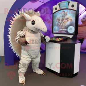 White Armadillo mascot costume character dressed with a Playsuit and Watches