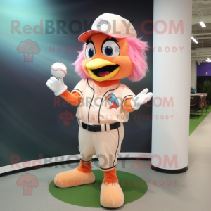 Peach Harpy mascot costume character dressed with a Baseball Tee and Mittens