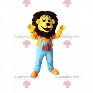 Mascota divertida del león con un mono azul - Redbrokoly.com