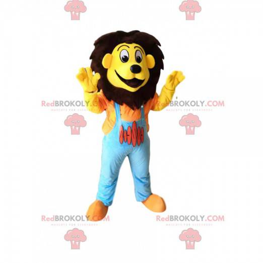 Mascota divertida del león con un mono azul - Redbrokoly.com
