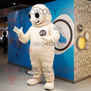 Cream Momentum mascot costume character dressed with a Jumpsuit and Watches