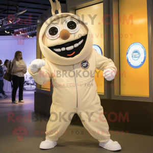 Cream Momentum mascot costume character dressed with a Jumpsuit and Watches