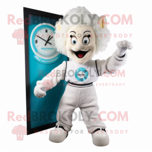 Cream Momentum mascot costume character dressed with a Jumpsuit and Watches