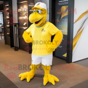 Yellow Eagle mascot costume character dressed with a Running Shorts and Caps