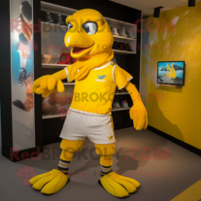 Yellow Eagle mascot costume character dressed with a Running Shorts and Caps