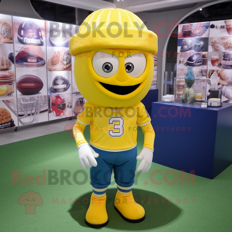 Lemon Yellow American Football Helmet mascot costume character dressed with a Bootcut Jeans and Caps Lemon Yellow American Football Helmet mascot costume character dressed with a Bootcut Jeans and Caps