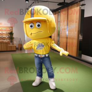 Lemon Yellow American Football Helmet mascot costume character dressed with a Bootcut Jeans and Caps