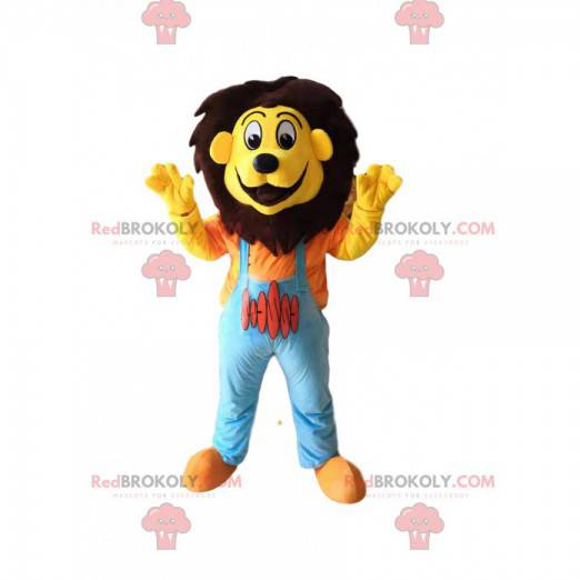 Lustiges Löwenmaskottchen mit blauen Overalls - Redbrokoly.com