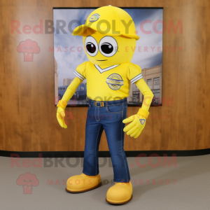 Lemon Yellow American Football Helmet mascot costume character dressed with a Bootcut Jeans and Caps
