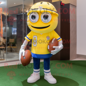 Lemon Yellow American Football Helmet mascot costume character dressed with a Bootcut Jeans and Caps