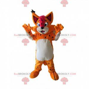 ¡Mascota del lince naranja sonriendo con un escudo fucsia! -