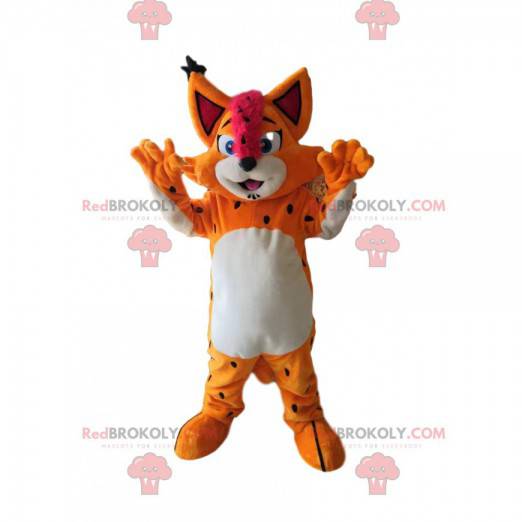 Orange Luchs Maskottchen lächelnd mit einem Fuchsia Wappen! -