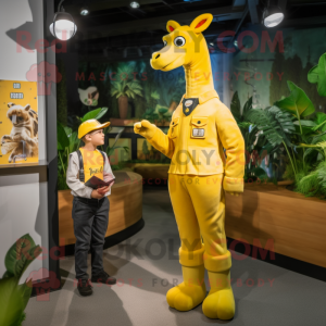 Yellow Giraffe mascot costume character dressed with a Jumpsuit and Watches