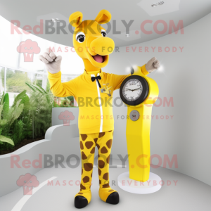 Yellow Giraffe mascot costume character dressed with a Jumpsuit and Watches