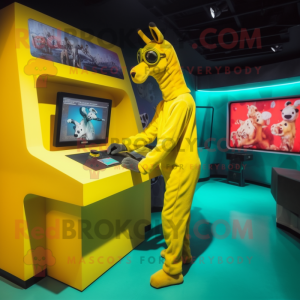 Yellow Giraffe mascot costume character dressed with a Jumpsuit and Watches