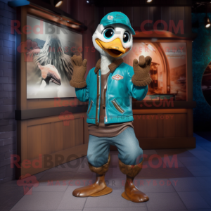 Teal Quail mascot costume character dressed with a Leather Jacket and Beanies