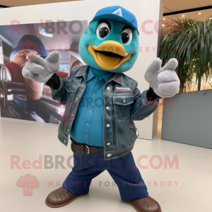 Teal Quail mascot costume character dressed with a Leather Jacket and Beanies