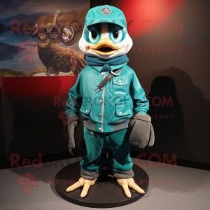Teal Quail mascot costume character dressed with a Leather Jacket and Beanies