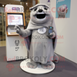 Gray Phone mascot costume character dressed with a V-Neck Tee and Shawls