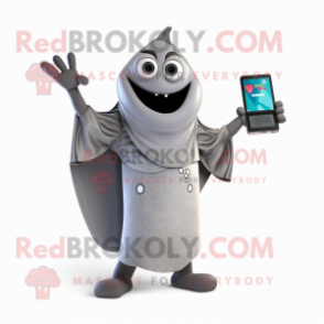Gray Phone mascot costume character dressed with a V-Neck Tee and Shawls