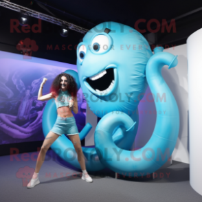 Sky Blue Medusa mascot costume character dressed with a Tank Top and Rings