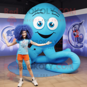 Sky Blue Medusa mascot costume character dressed with a Tank Top and Rings