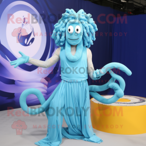 Sky Blue Medusa mascot costume character dressed with a Tank Top and Rings