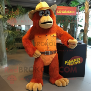 Orange Orangutan mascot costume character dressed with a Flare Jeans and Ties