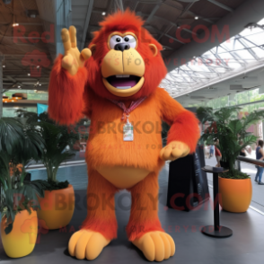 Orange Orangutan mascot costume character dressed with a Flare Jeans and Ties