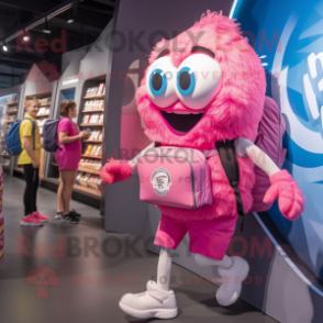 Pink Pendant mascot costume character dressed with a Running Shorts and Backpacks