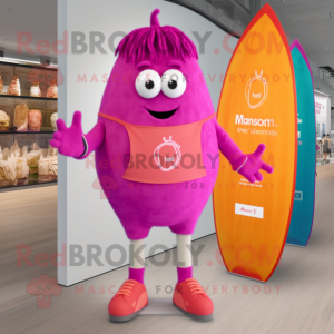 Magenta Apricot mascot costume character dressed with a Board Shorts and Anklets