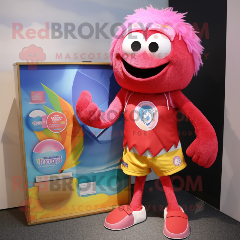 Magenta Apricot mascot costume character dressed with a Board Shorts and Anklets