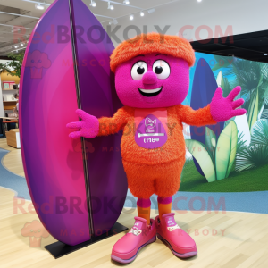 Magenta Apricot mascot costume character dressed with a Board Shorts and Anklets