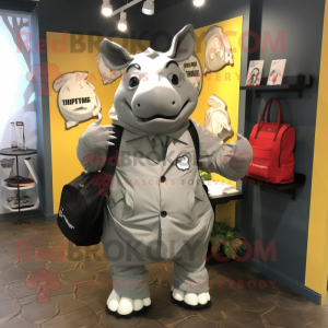 Gray Rhinoceros mascot costume character dressed with a Raincoat and Briefcases