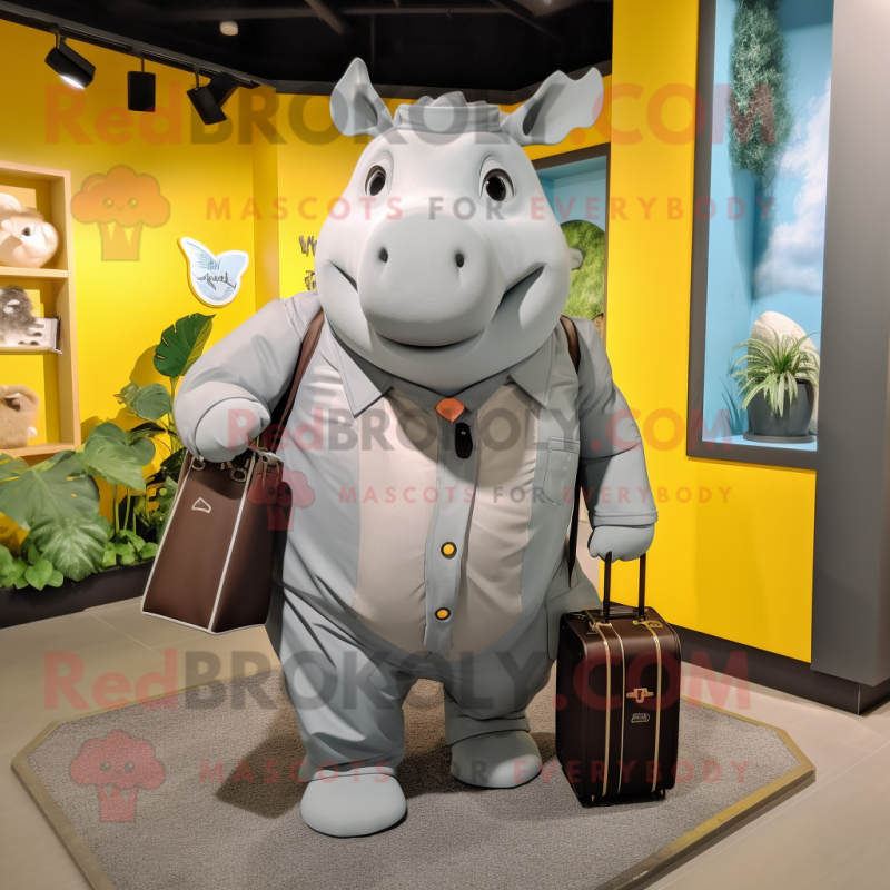 Gray Rhinoceros mascot costume character dressed with a Raincoat and Briefcases Gray Rhinoceros mascot costume character dressed with a Raincoat and Briefcases