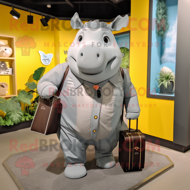 Gray Rhinoceros mascot costume character dressed with a Raincoat and Briefcases