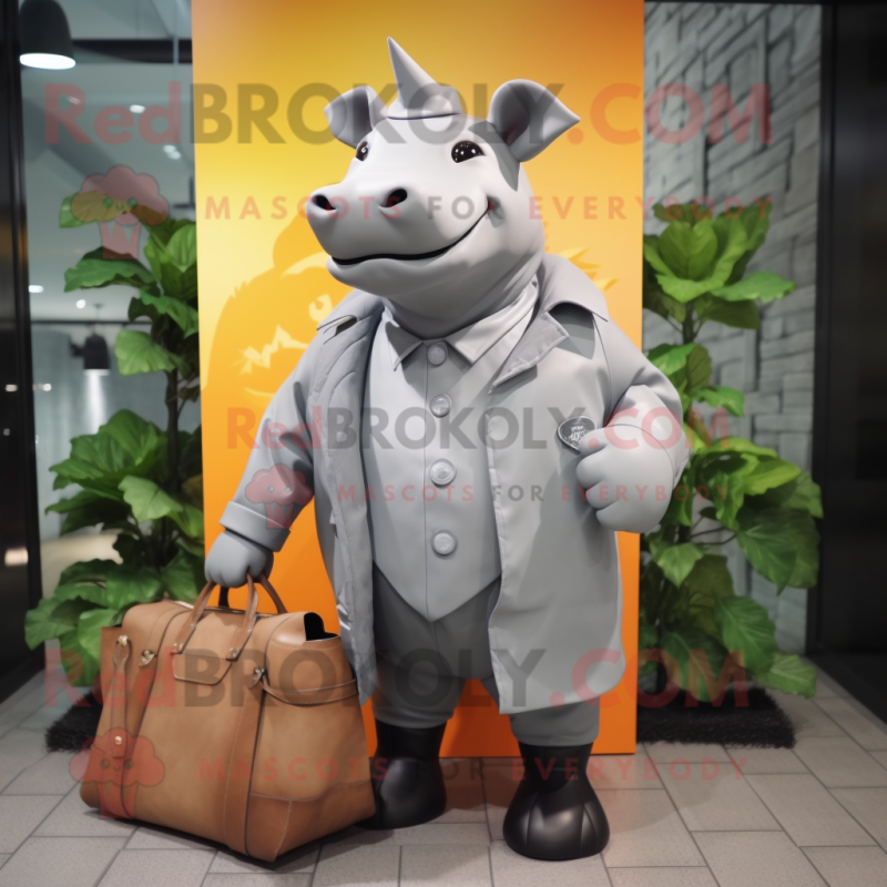 Gray Rhinoceros mascot costume character dressed with a Raincoat and Briefcases