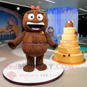 Brown Wedding Cake mascot costume character dressed with a One-Piece Swimsuit and Rings