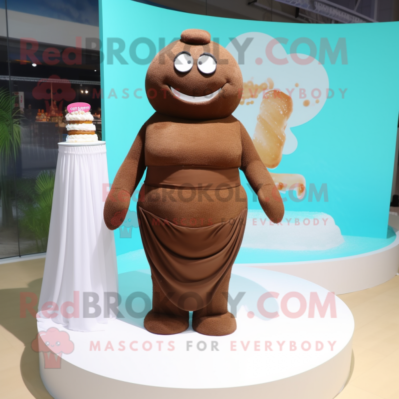 Brown Wedding Cake mascot costume character dressed with a One-Piece Swimsuit and Rings